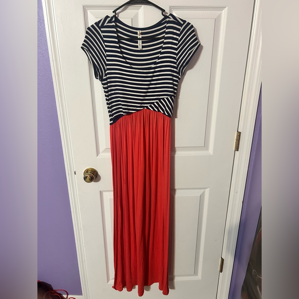 Striped Black and White Top with Red Maxi Skirt